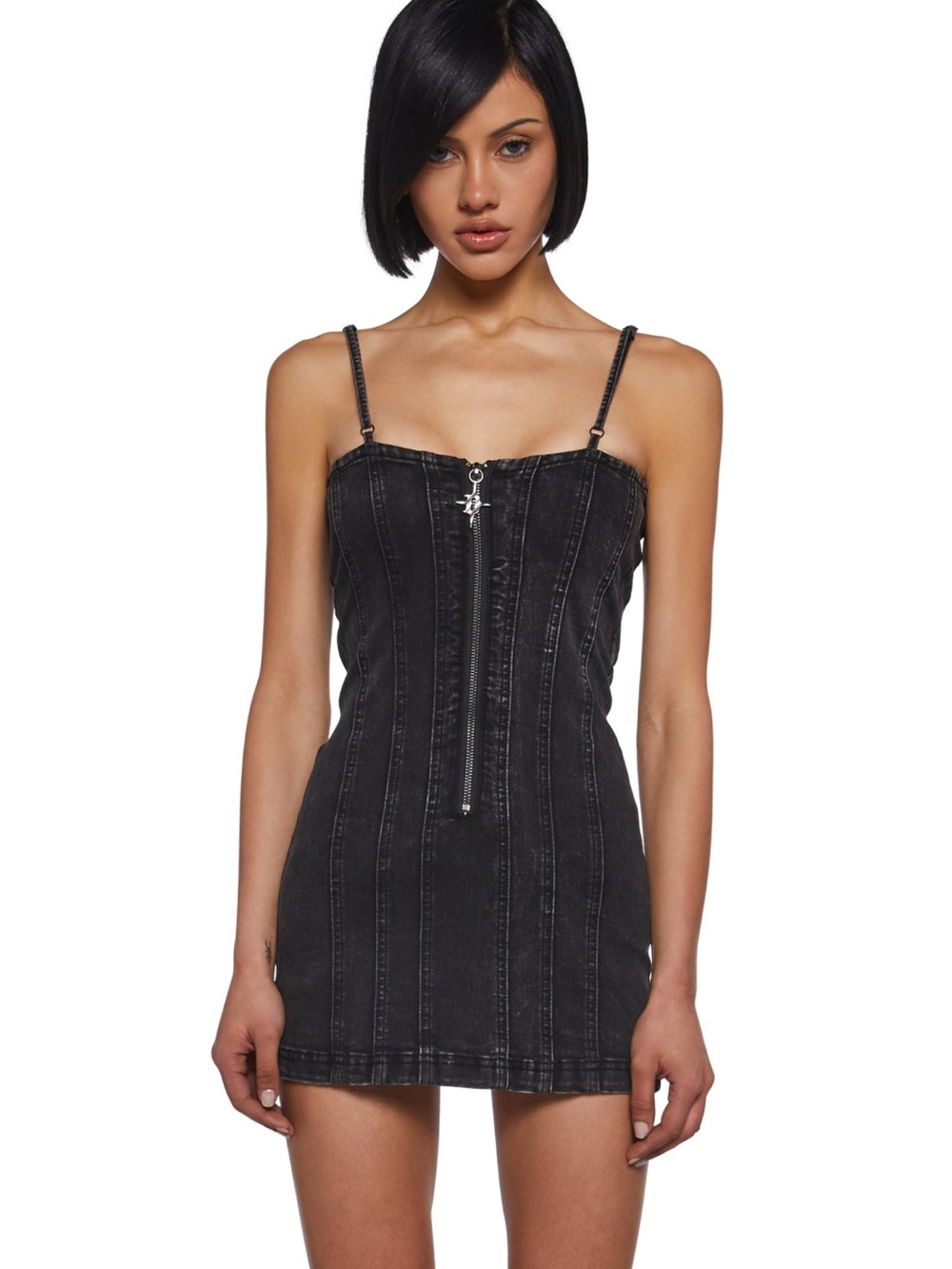 Darker wavs washed Black Denim Zip-Front Mini Dress